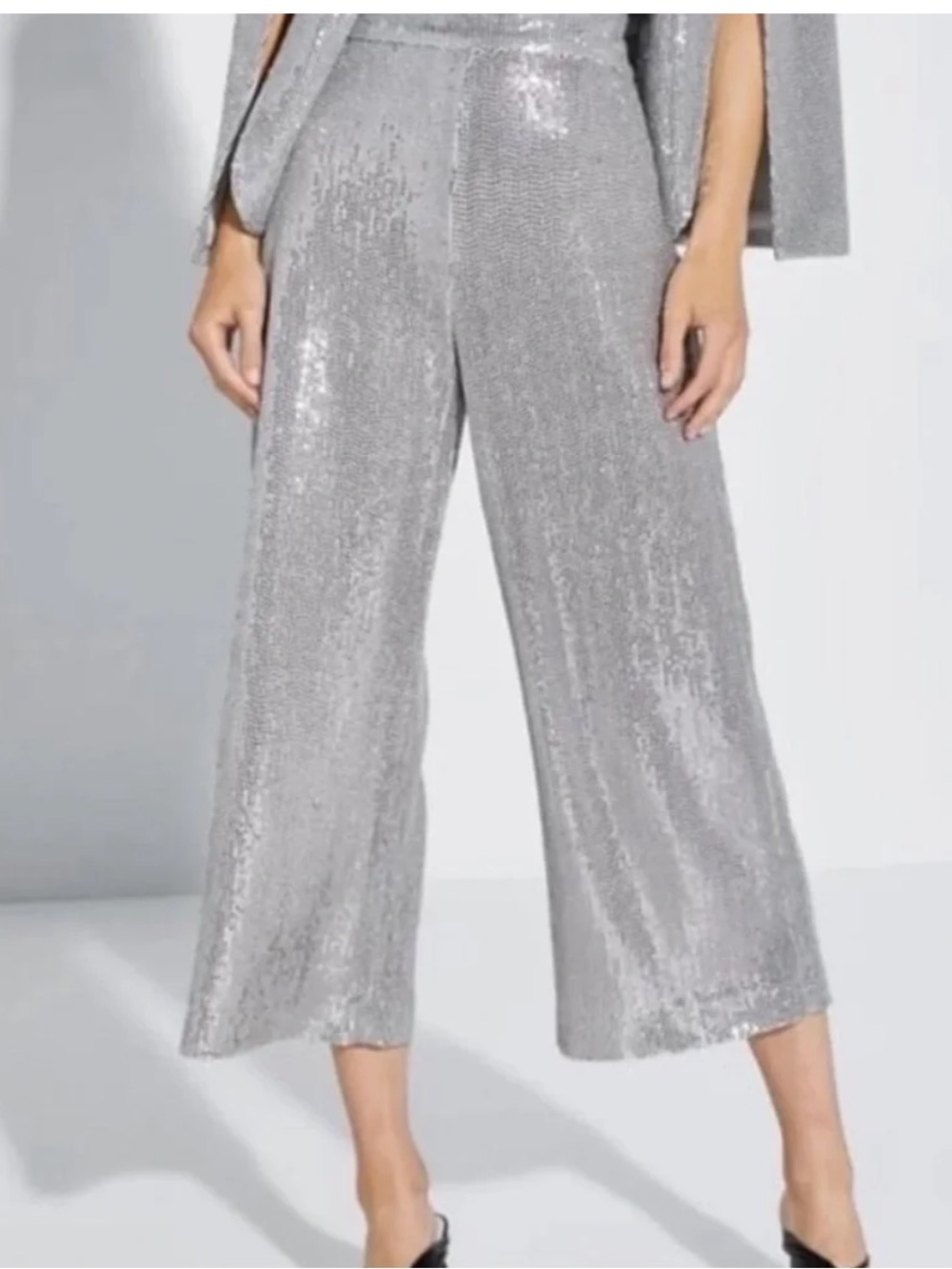 ZARA Silver Sparkling Wide Leg Cropped Pants